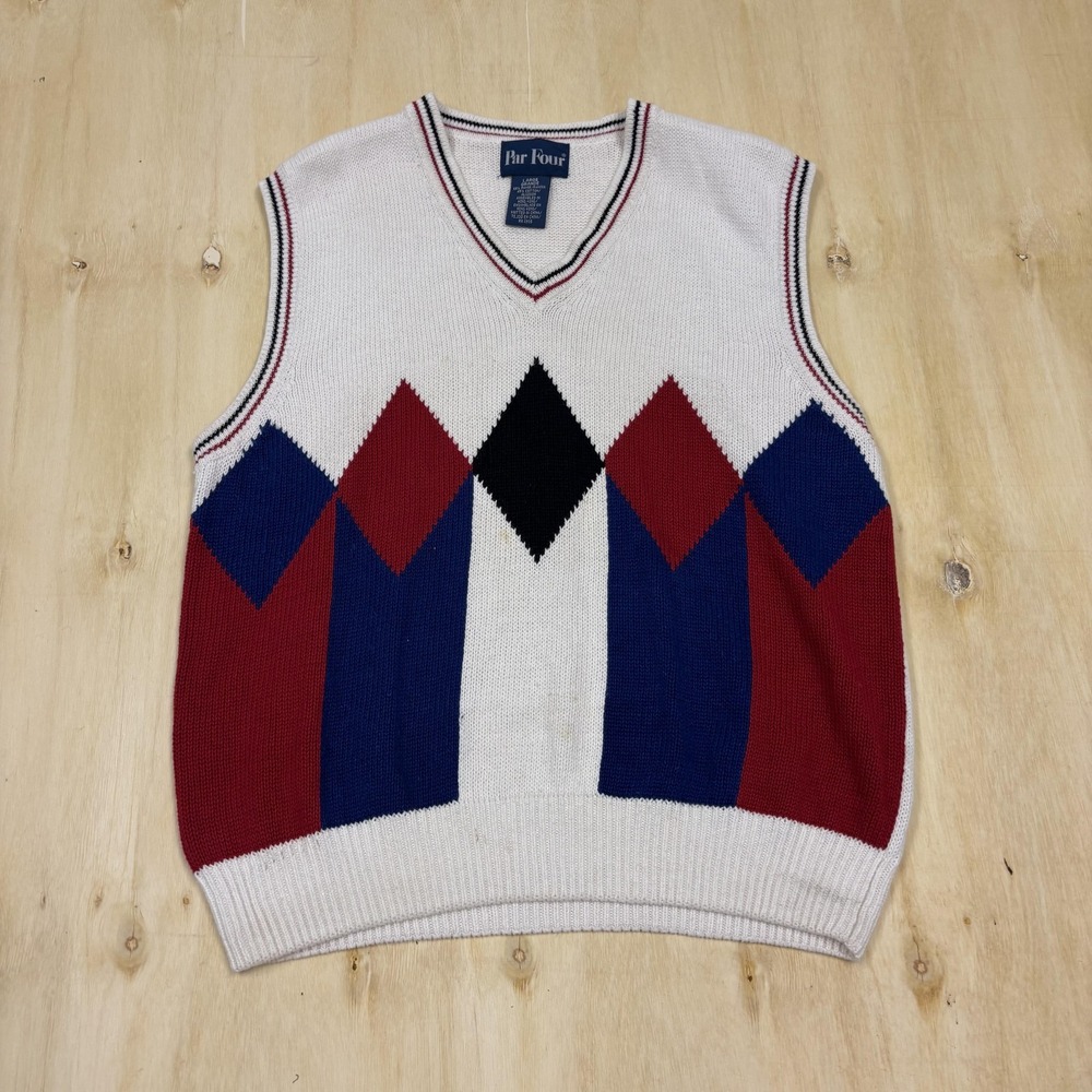 Vintage Par Four Sweater Vest Mens Large White Argyle Golf Cotton Hong Kong